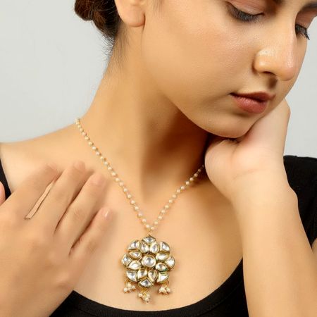 Handcrafted Gold Tone Floral Kundan Pendant Necklace with Pearl Chain